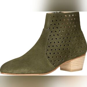 Soludos Lola Perforated Pointed Toe Heeled Ankle Bootie Boots Olive Suede
